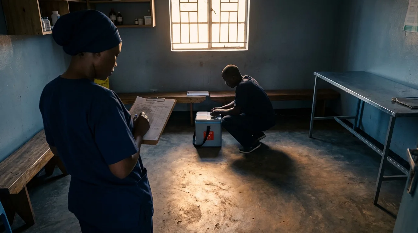 A nurse reviews a patient chart while a colleague checks a vaccine cold-box in a rural community health clinic.